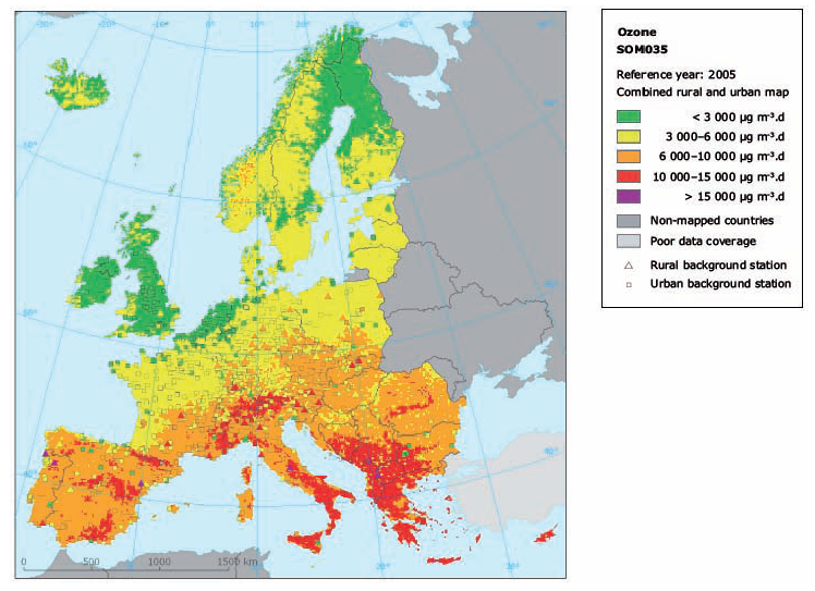 Ozone SOMO35-levels in Europe in 2005
