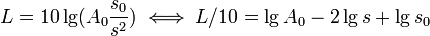 L = 10 \lg(A_0 \frac{s_0}{s^2}) \iff L/10 = \lg A_0 - 2 \lg s + \lg s_0