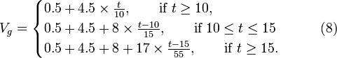 V_g = \begin{cases} 0.5+4.5 \times \frac{t}{10}, \qquad\text{if }t\ge 10\text{,}\\ 0.5+4.5+8\times\frac{t-10}{15}, \qquad\text{if }10 \le t \le 15\\0.5+4.5+8+17\times\frac{t-15}{55}, \qquad\text{if }t \ge15\text{.}\end{cases} \qquad (8) 
